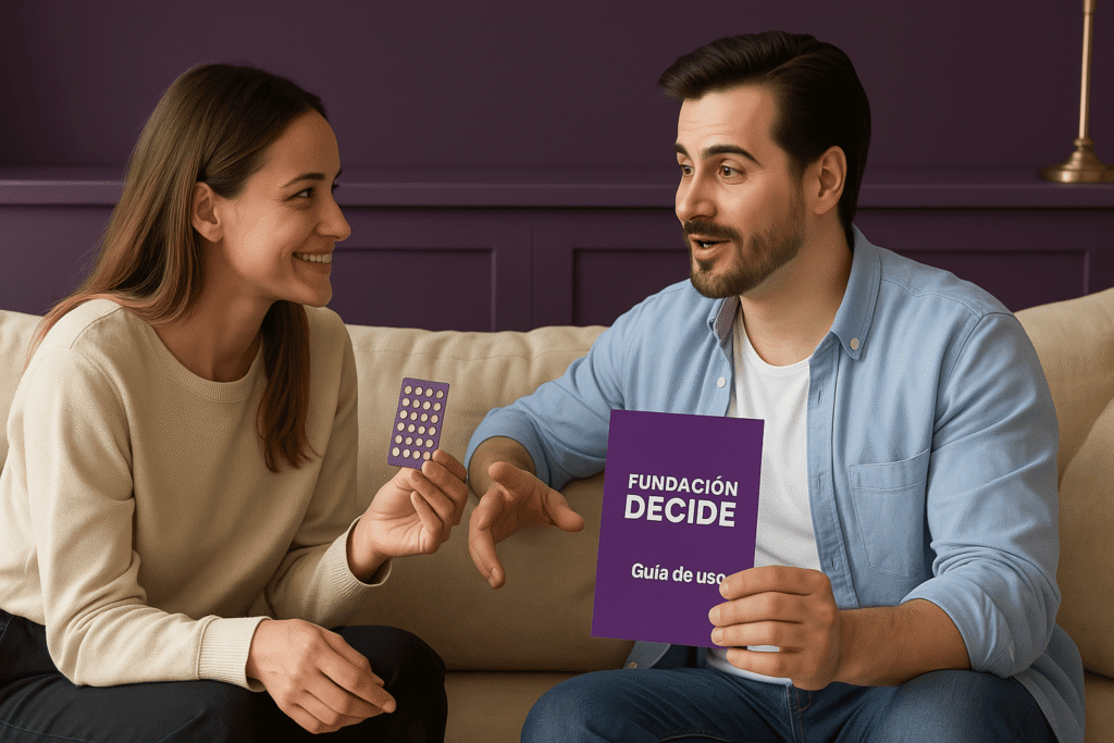 Mujer junto a su esposo en Málaga, con pastillas abortivas y guía de uso de la Fundación Decide.