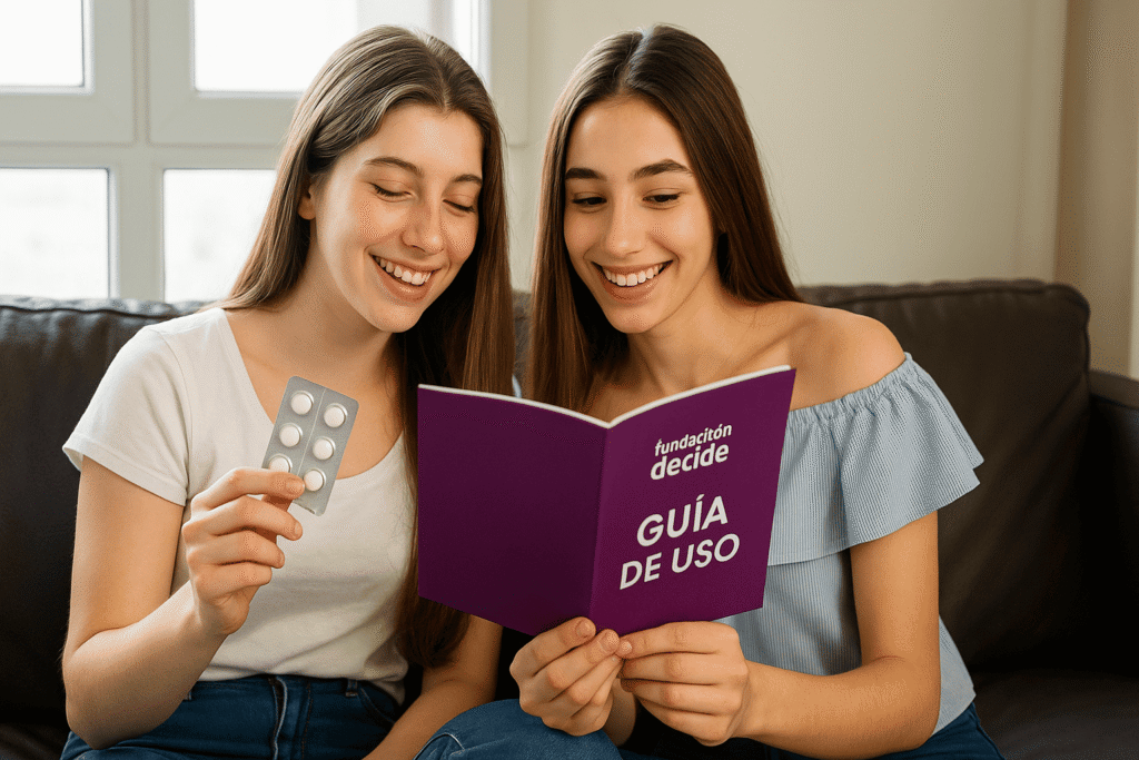 Dos jóvenes sentadas en un sofá en Bilbao, una sostiene pastillas abortivas y la otra lee la guía de uso de la Fundación Decide.