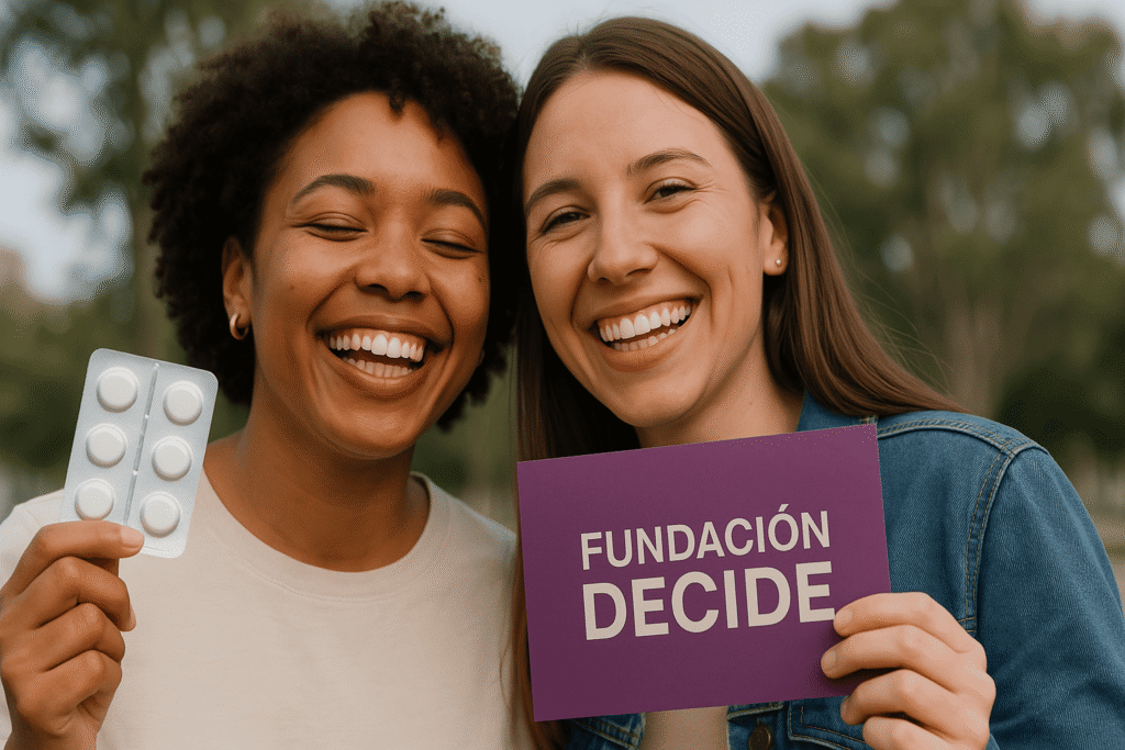 Mujer en Bogotá recibe medicamento para aborto seguro de la Fundación Decide, acompañada por su amiga.